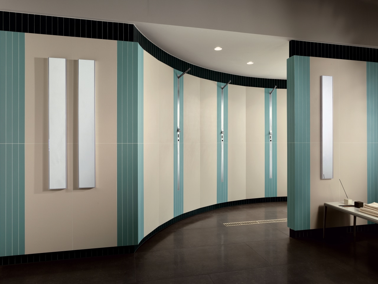 Large bathroom with blue and cream porcelain lined door, furniture, interior design, wall, wardrobe, window, gray