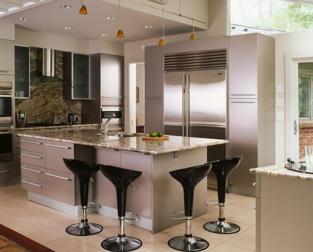 A view of the kitchen area, tiled floor, cabinetry, countertop, cuisine classique, interior design, kitchen, gray, brown