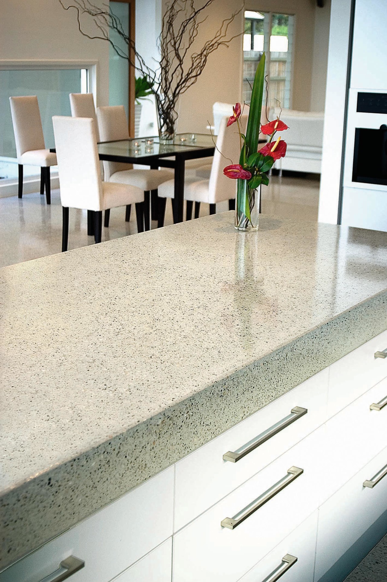 view of the boral polished concrete benchtop in countertop, floor, flooring, hardwood, home, interior design, kitchen, table, tile, white