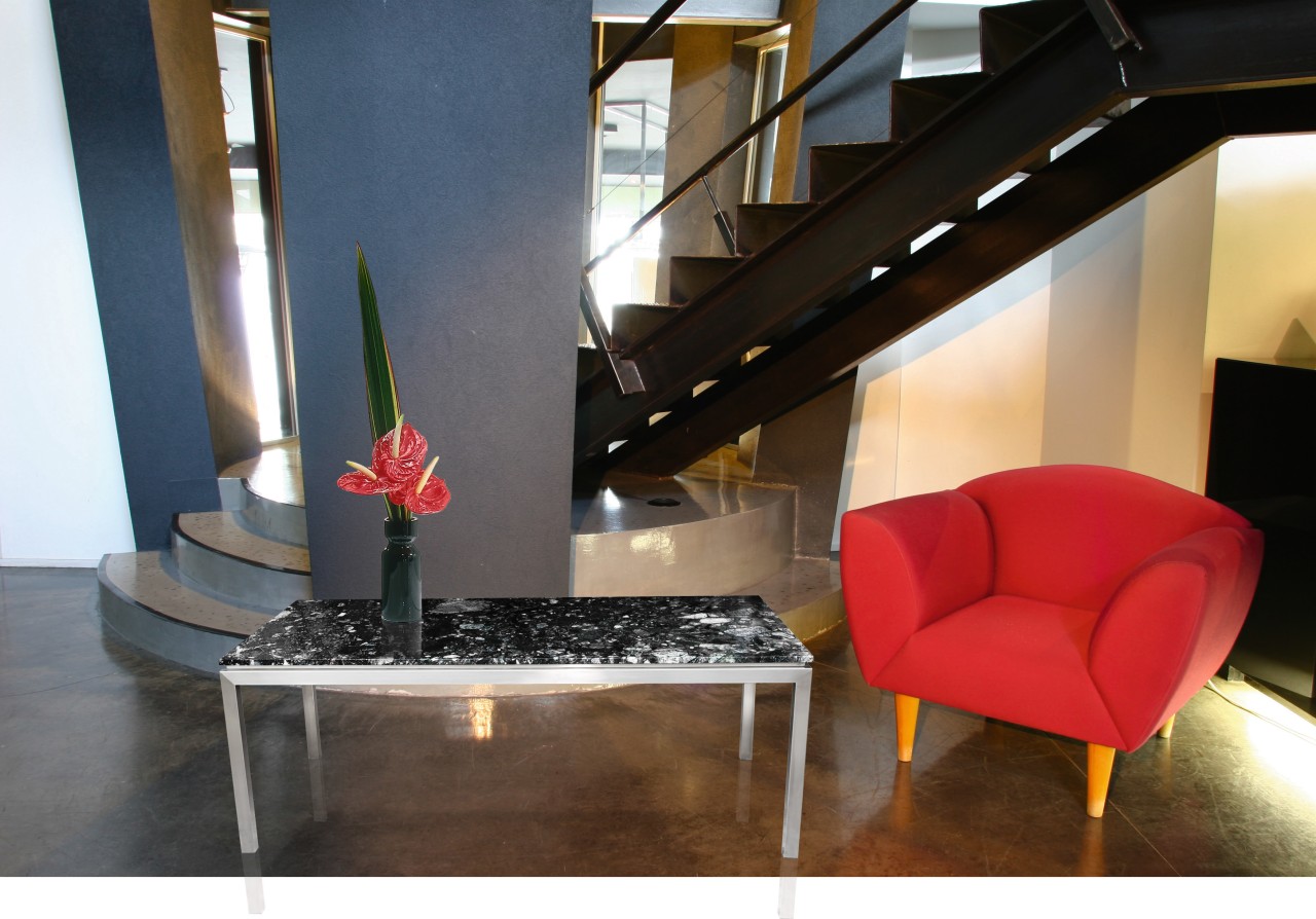 Office foyer area featuring stone and chrome coffee chair, floor, furniture, interior design, living room, loft, product design, table