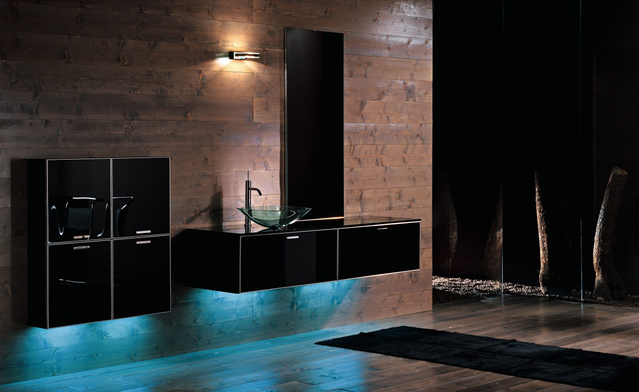 view of the tekne bathroom collection offer by architecture, bathroom, darkness, floor, flooring, interior design, lighting, room, tile, wall, black