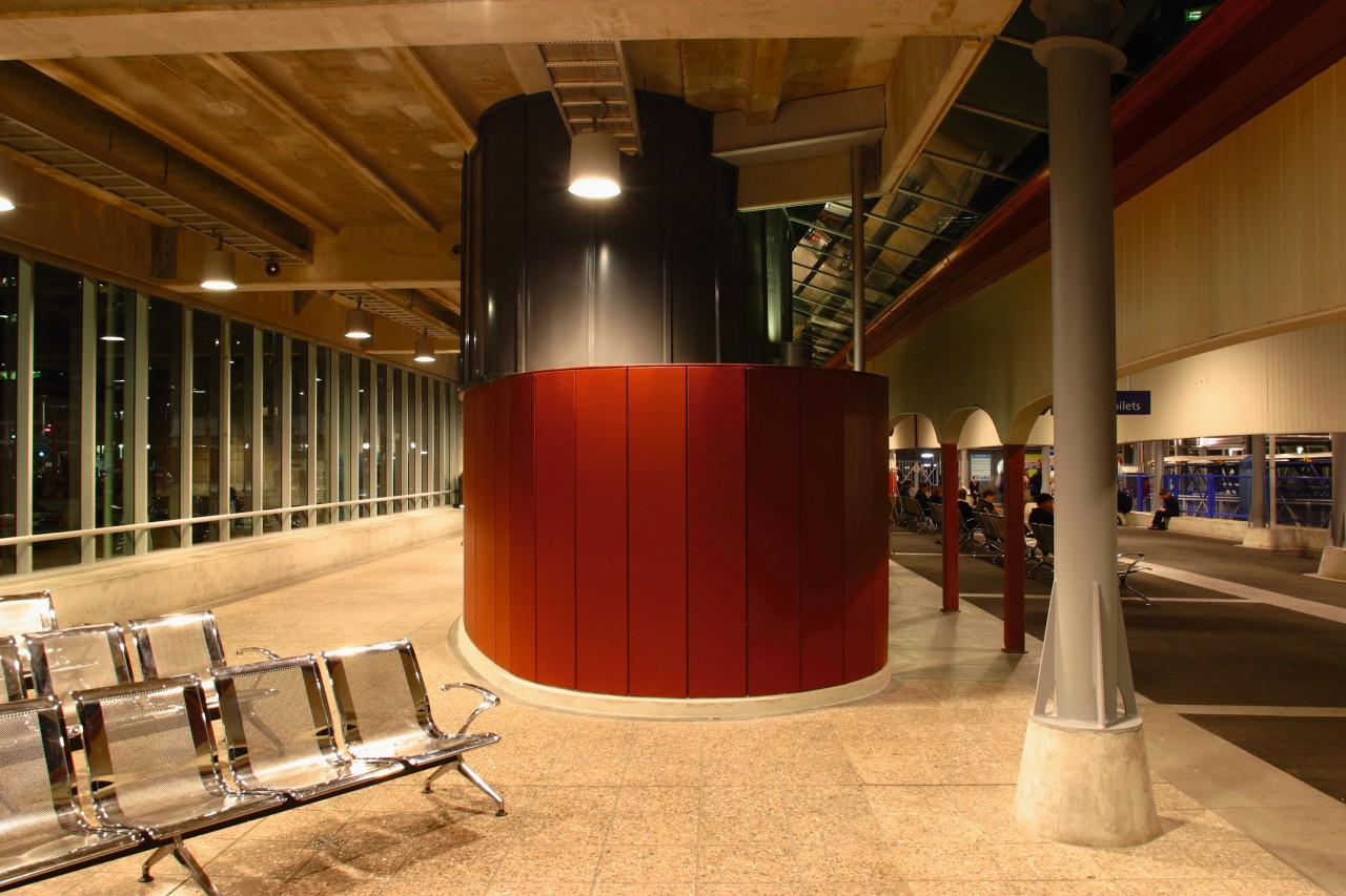 Interior and seating within the Auckland city Ferry interior design, lobby, brown, orange