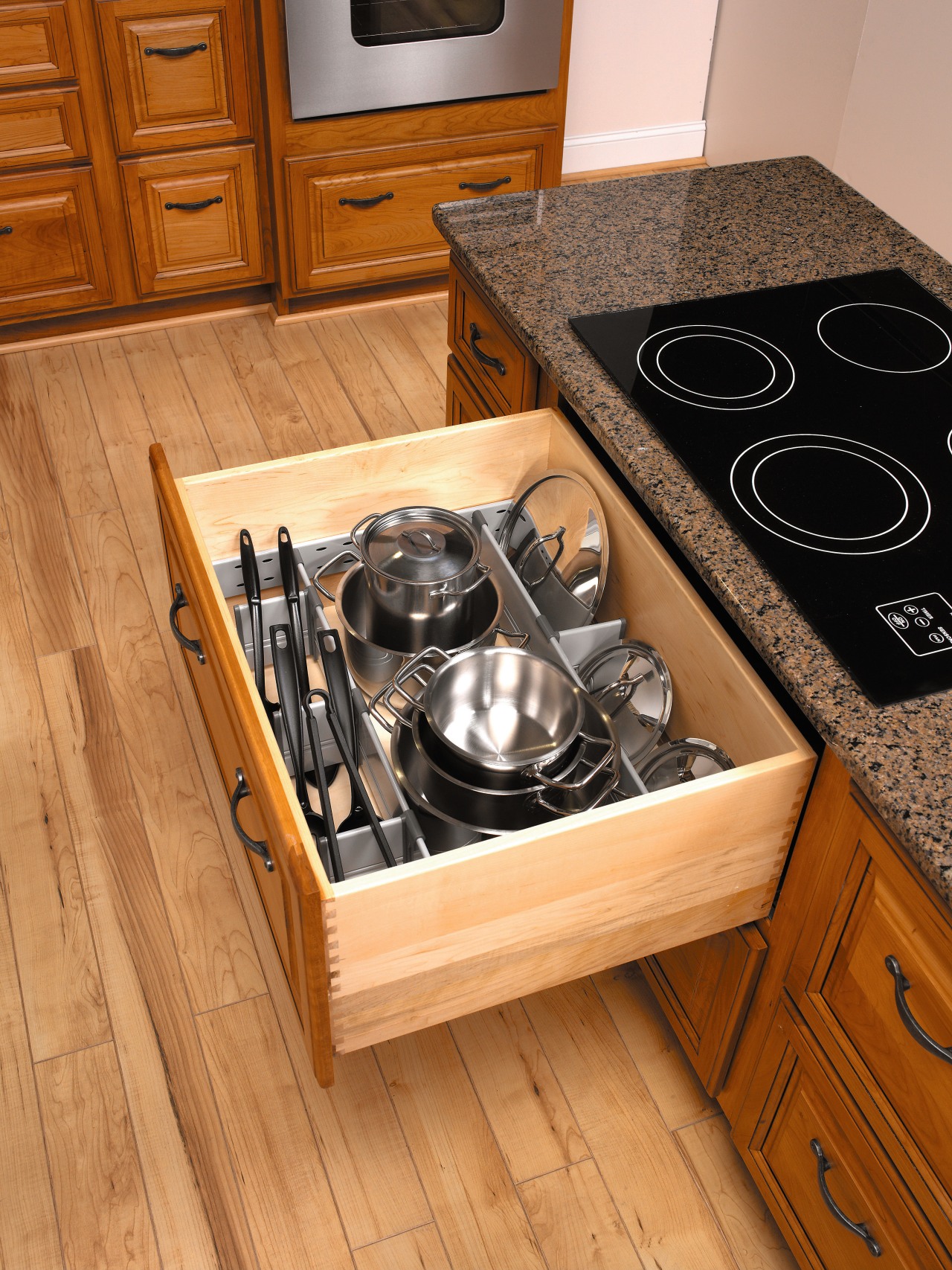view of the blum's orga-lines drawers that offer countertop, drawer, floor, flooring, furniture, hardwood, kitchen, product design, table, wood, orange, brown