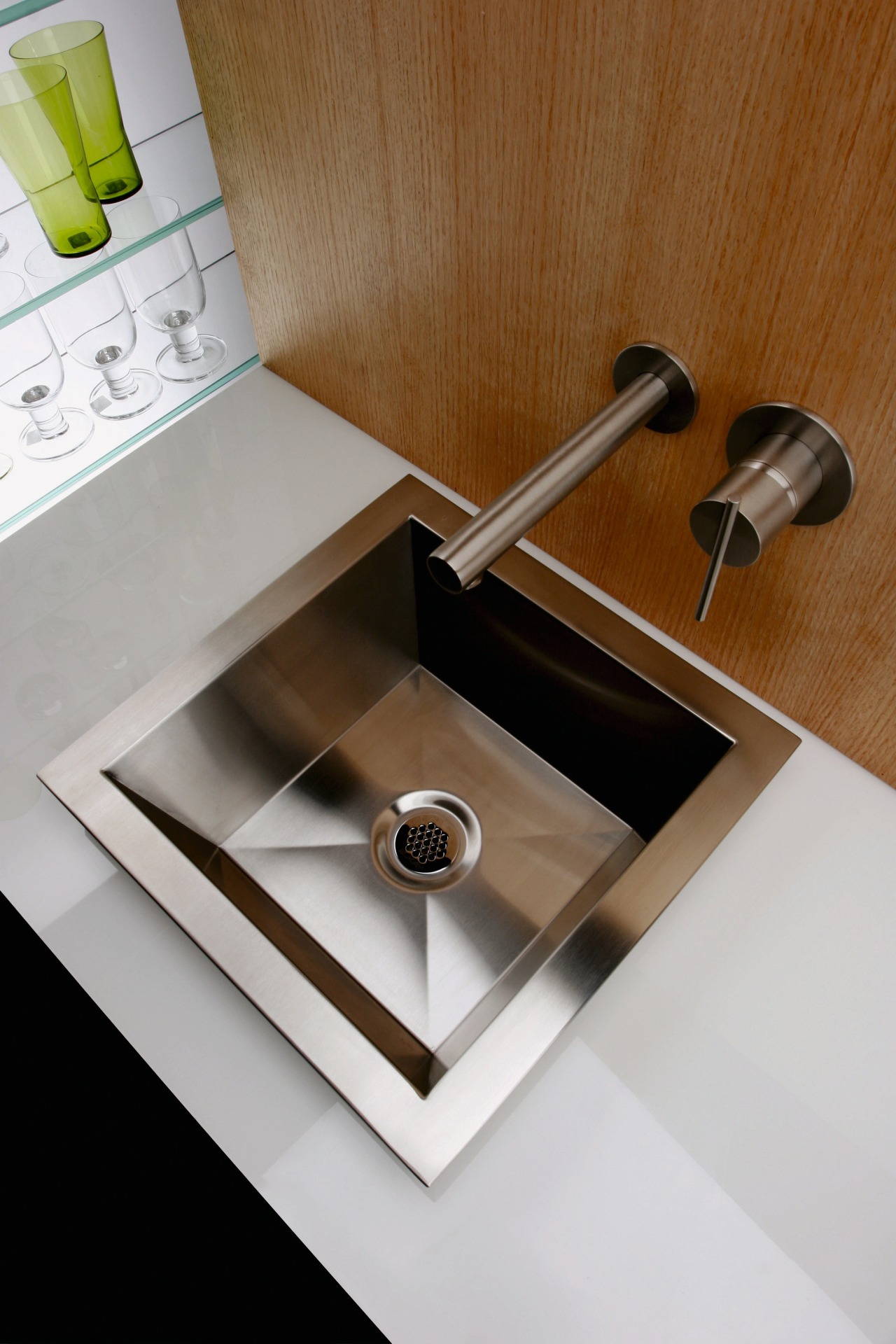 A view of a stainless steel square basinj bathroom sink, ceramic, plumbing fixture, product design, sink, tap, brown, gray