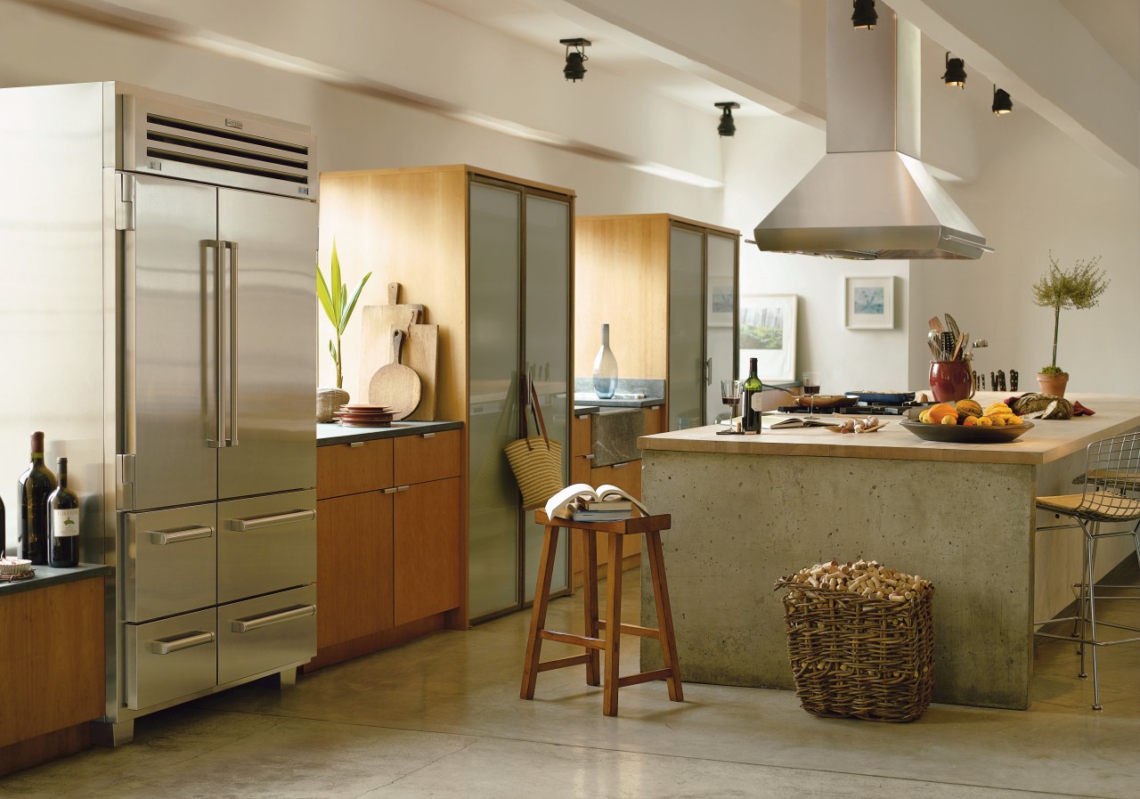 A view of a kitchen, polished concrete floor, cabinetry, countertop, cuisine classique, flooring, interior design, kitchen, room, brown, gray