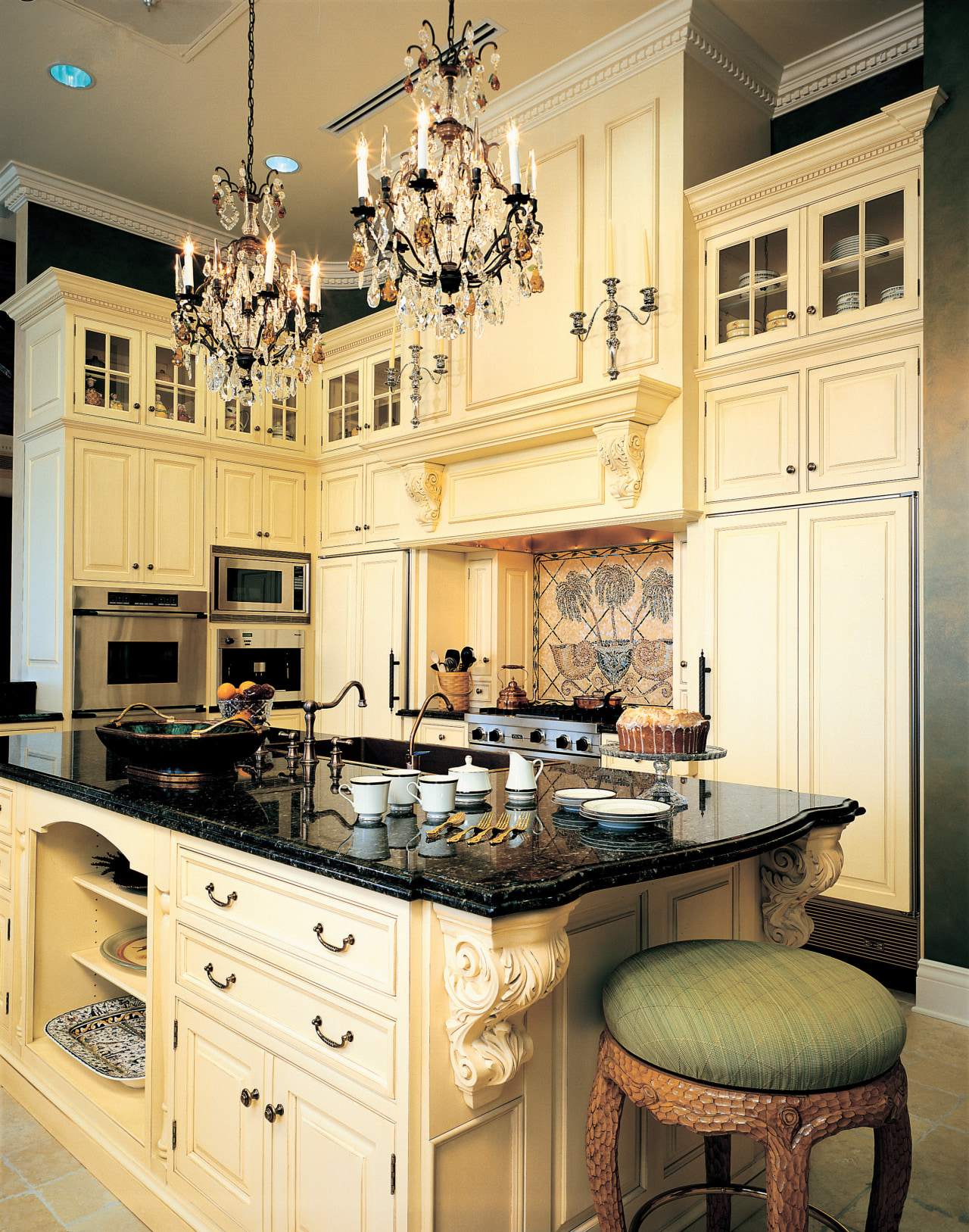 A view of a kitchen, wooden cabinetry and cabinetry, ceiling, countertop, cuisine classique, home, interior design, kitchen, room, orange