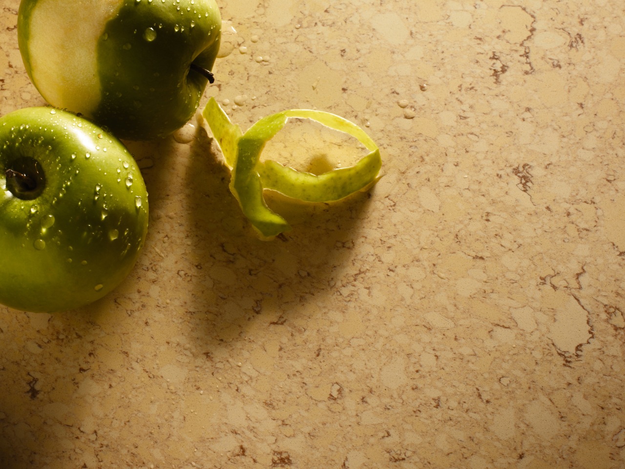 view of the new river series silestone benchtops fruit, lime, produce, still life photography, orange, brown