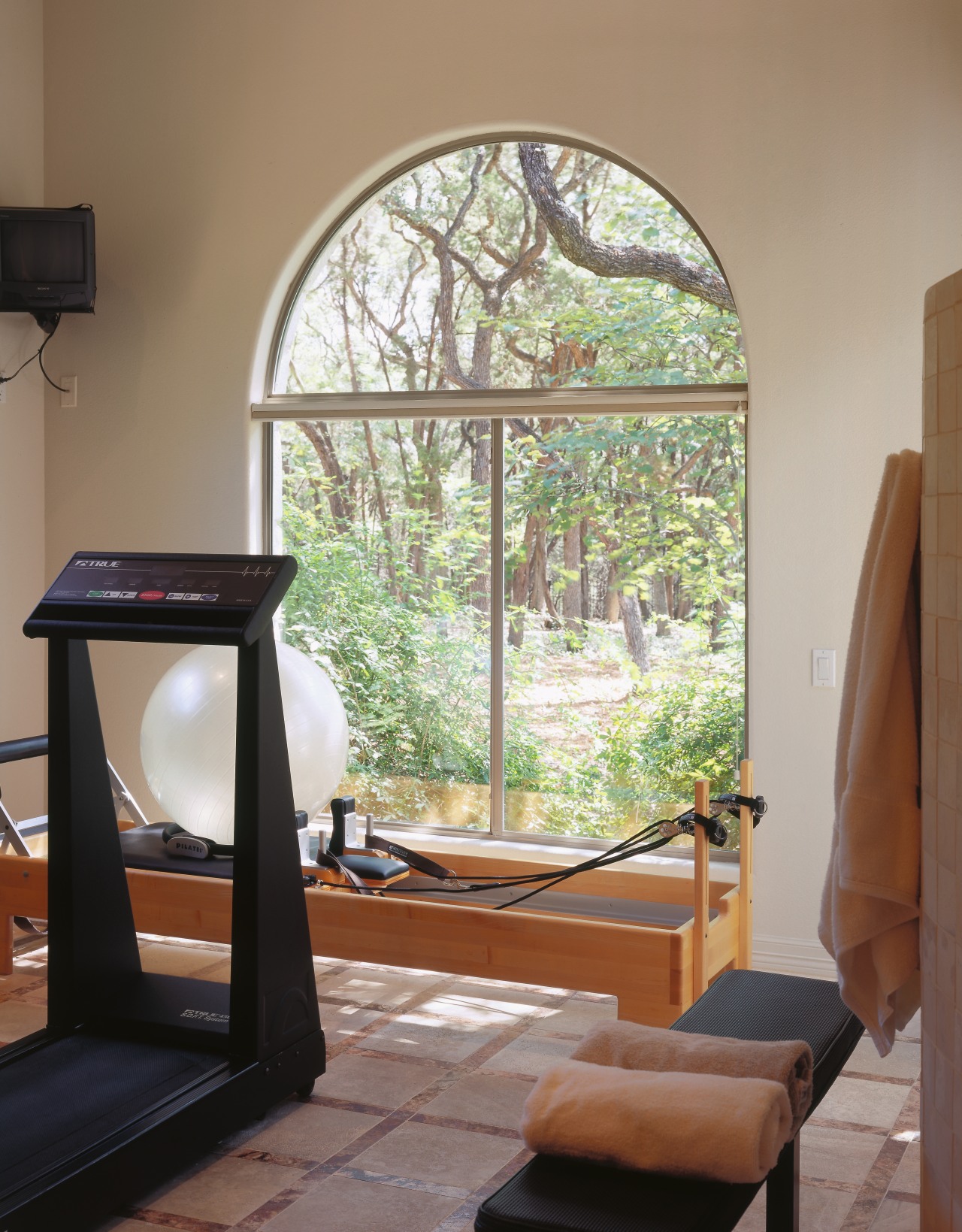 an arched window connects this master bathroom and architecture, daylighting, door, furniture, home, interior design, table, window, brown, gray