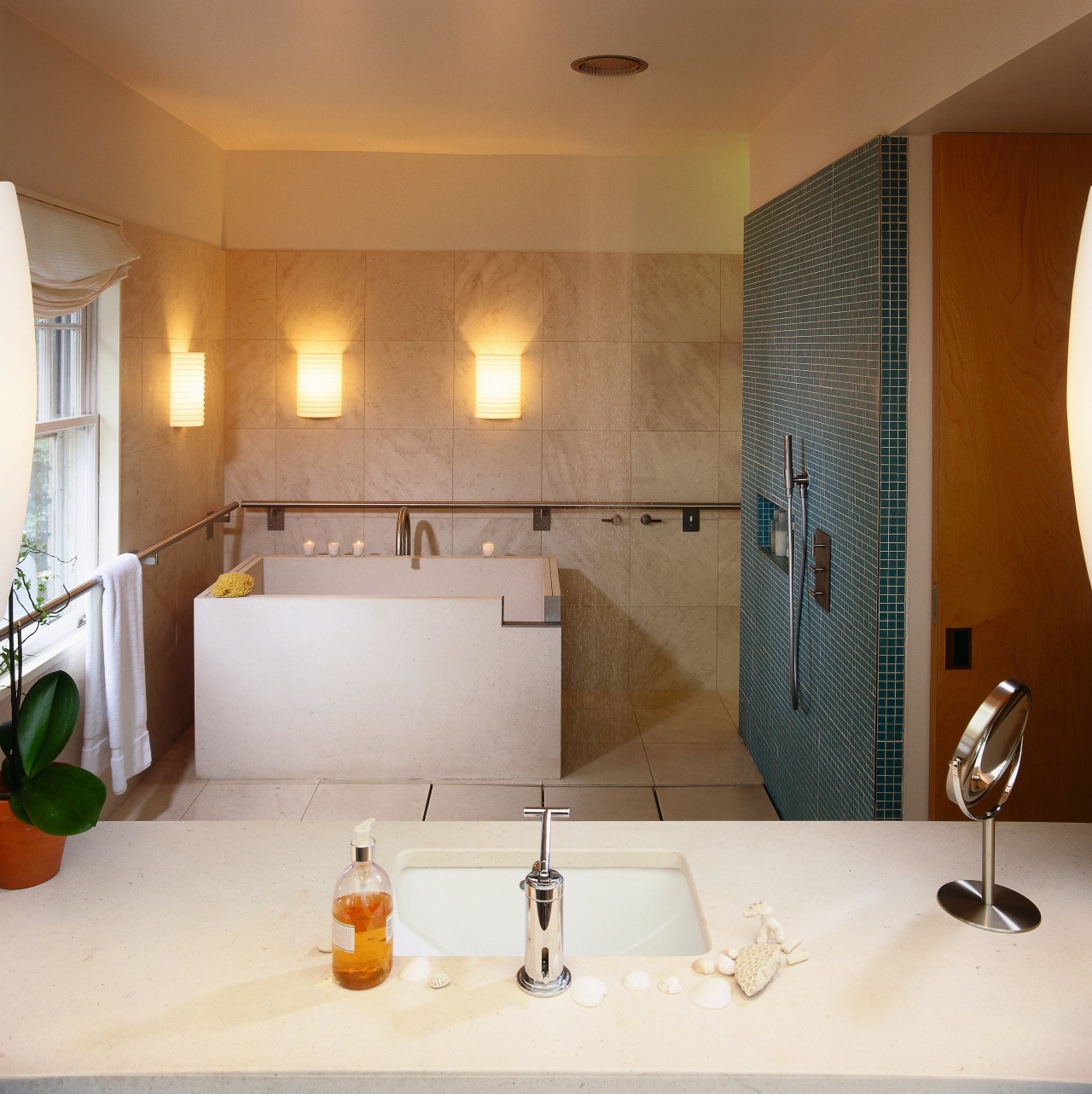 A view of a bathroom, tiled walls, floor architecture, bathroom, ceiling, countertop, home, interior design, kitchen, property, real estate, room, wall, brown, white