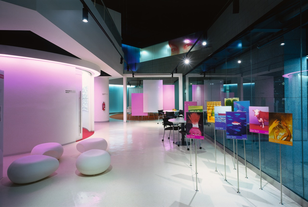 A view of the graphics used through out architecture, ceiling, interior design, lobby, purple, black