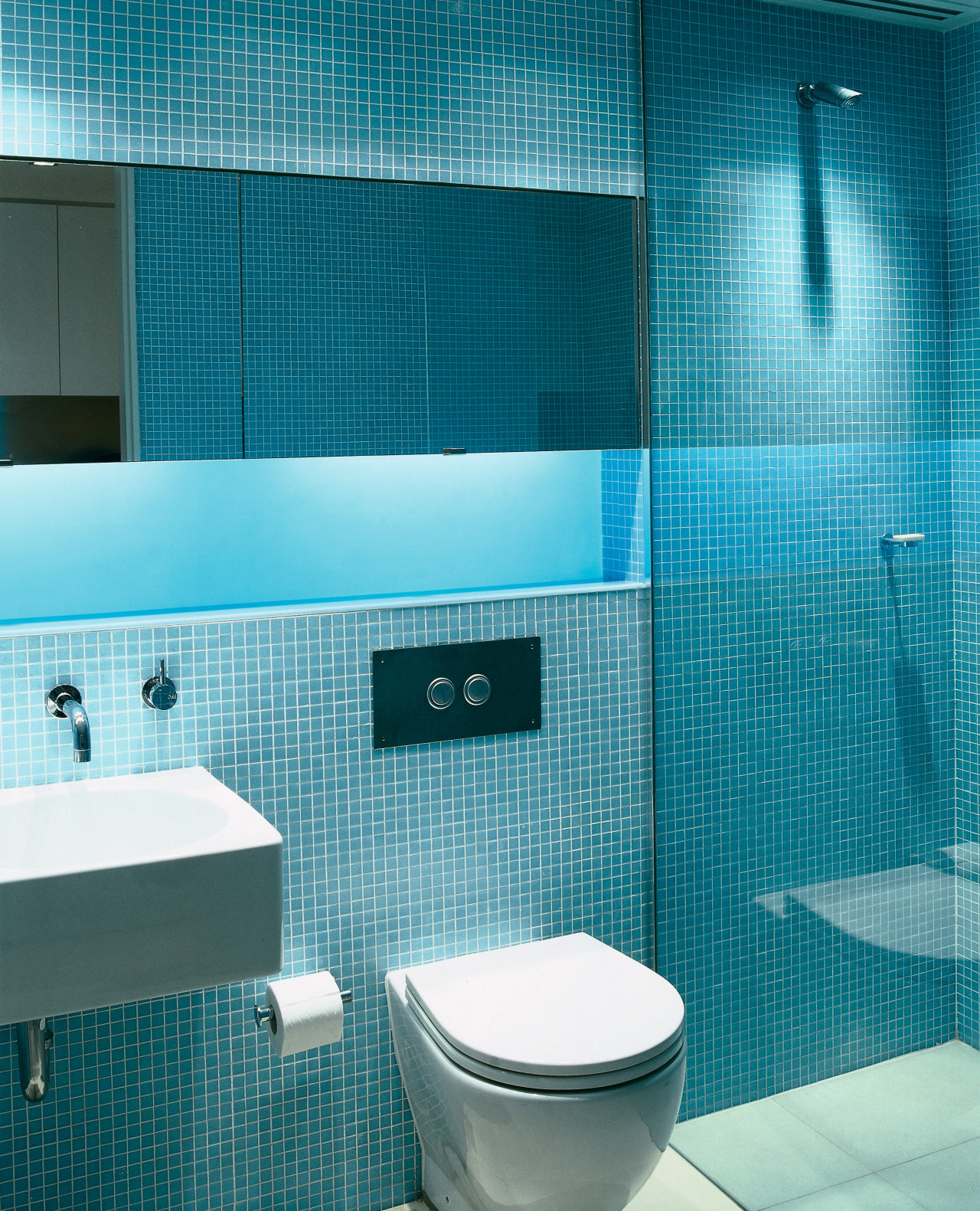 View of Toilet, Shower and faucetry in Bathroom. azure, bathroom, bidet, blue, ceiling, daylighting, floor, glass, interior design, plumbing fixture, product, product design, public toilet, purple, room, tile, toilet, toilet seat, turquoise, wall, teal