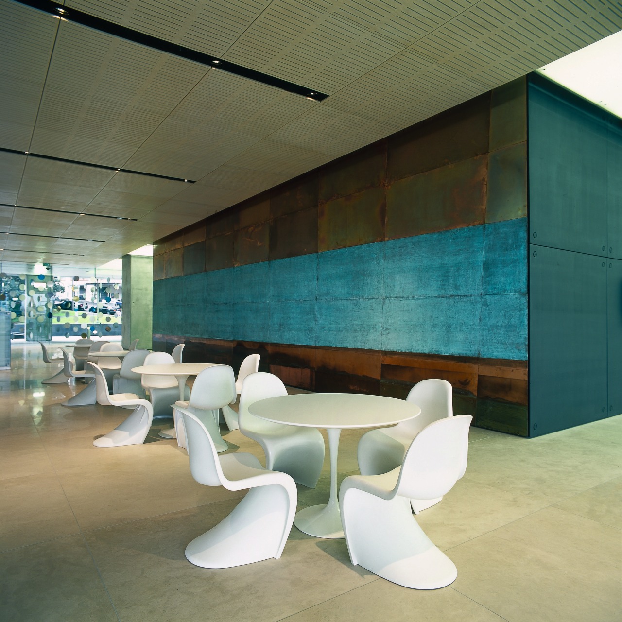 A view of foyer in the Lumley Building, architecture, chair, furniture, interior design, product design, table, wall, brown