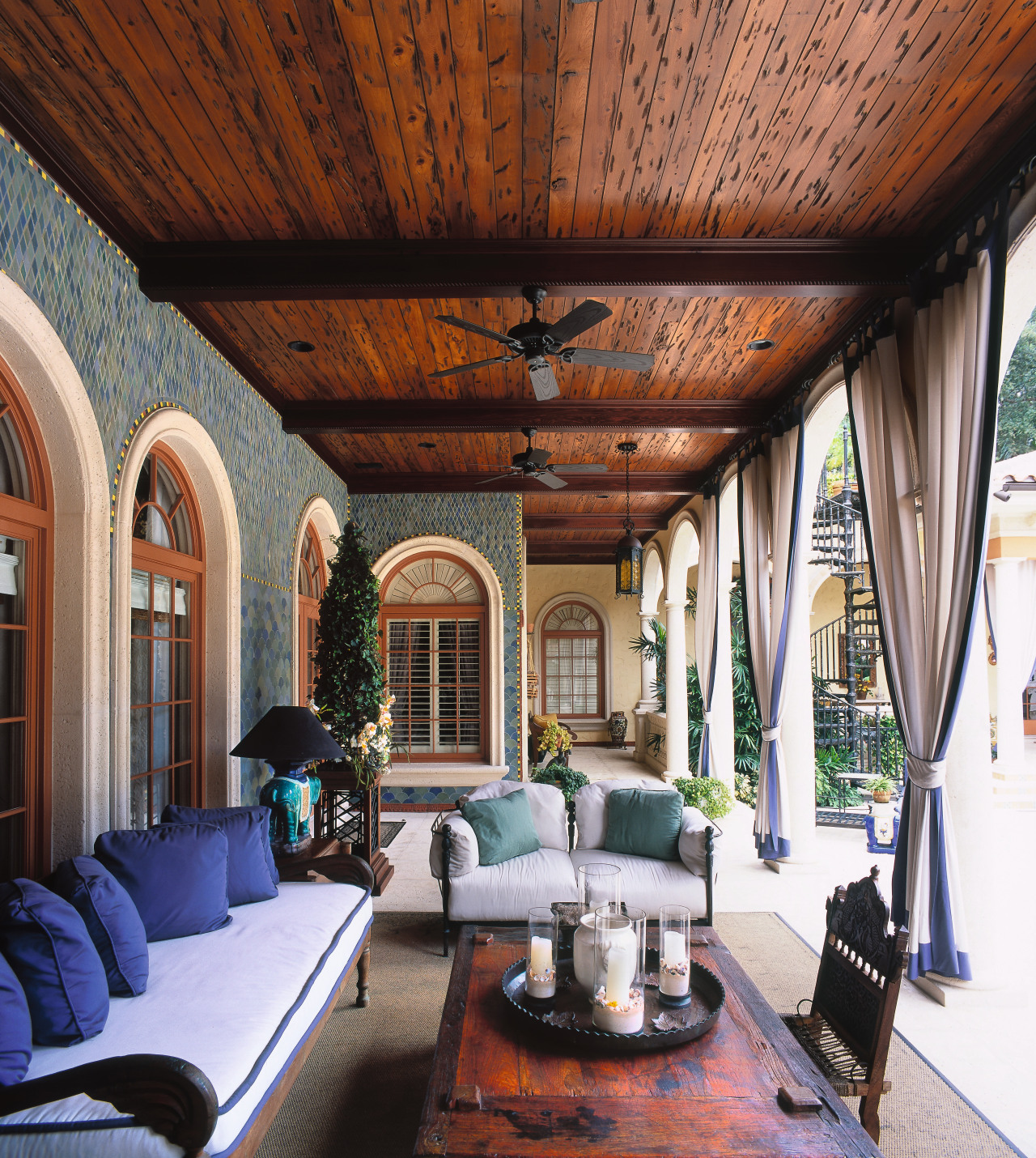 the loggia is decorated with handmade stoneware tiles, ceiling, estate, home, interior design, living room, real estate, black