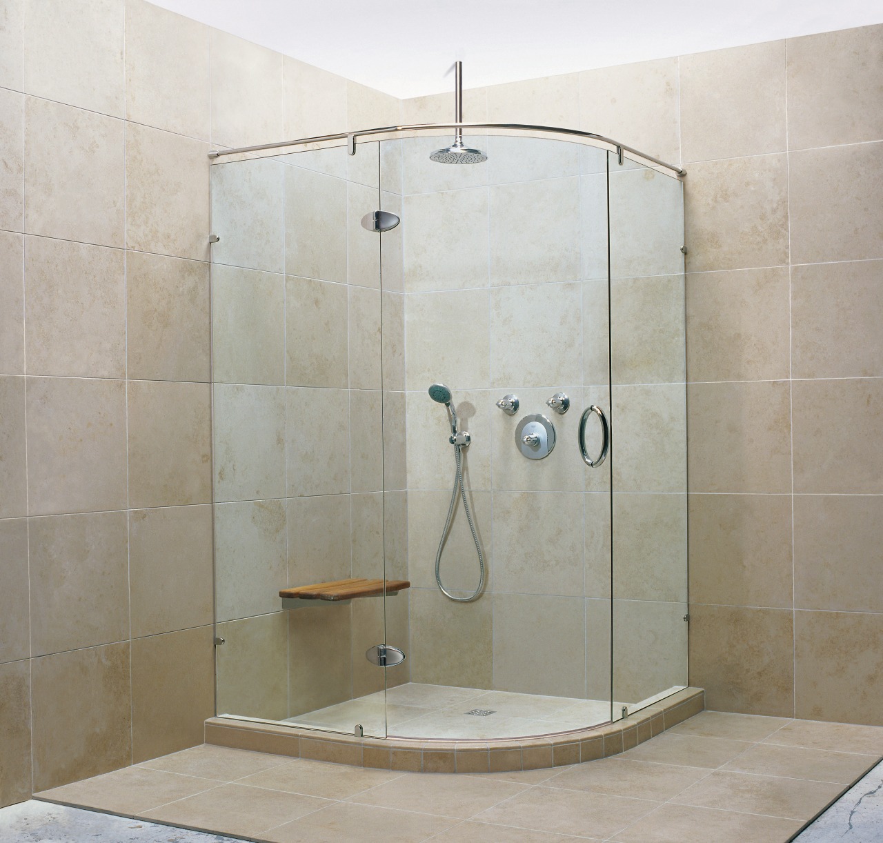 A view of a glass shower, tiled walls angle, bathroom, glass, plumbing fixture, shower, gray