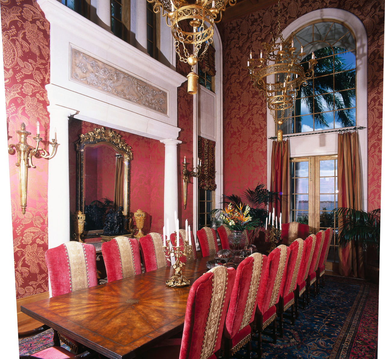 view of the formal dining room featuring antique chair, dining room, function hall, furniture, home, interior design, living room, room, table, wall, red