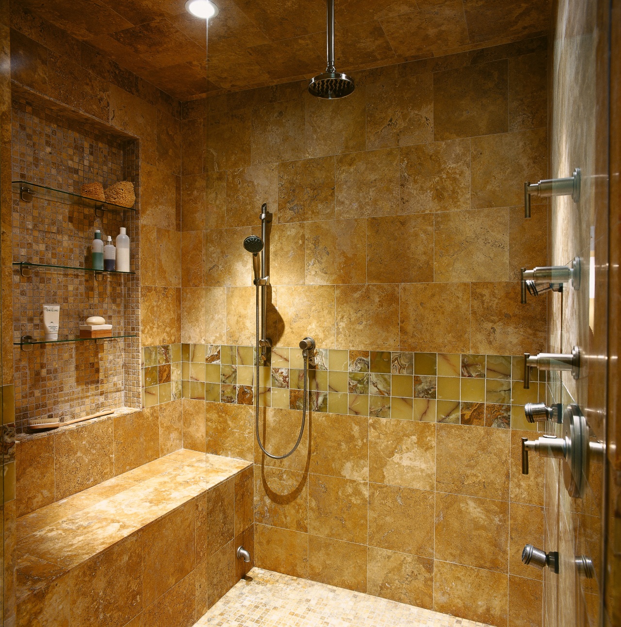 A view of the shower, brown tiled walls bathroom, floor, flooring, property, room, tile, wall, brown