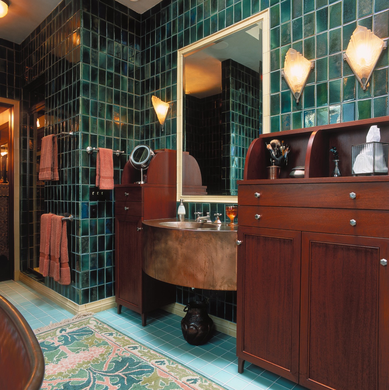 this master suite by architect kathryn Quinn and bathroom, cabinetry, flooring, interior design, room, red, black