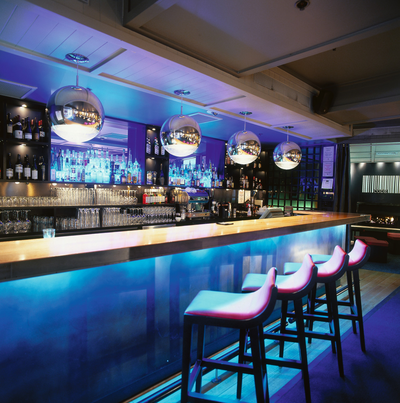 A view of the interiors created by Modulink. bar, function hall, interior design, restaurant, blue, black