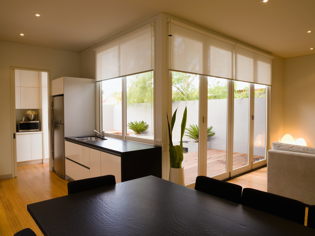 A view of the kitchen and dining areas, architecture, ceiling, interior design, real estate, room, window, brown