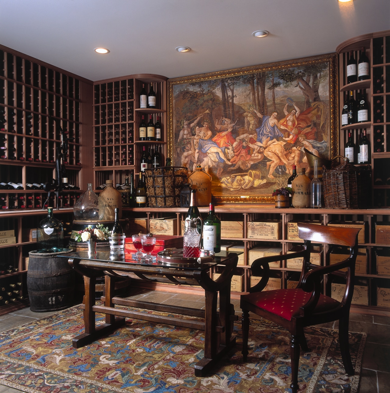 A view of the wine cellar, wooden cellars home, interior design, living room, room, black