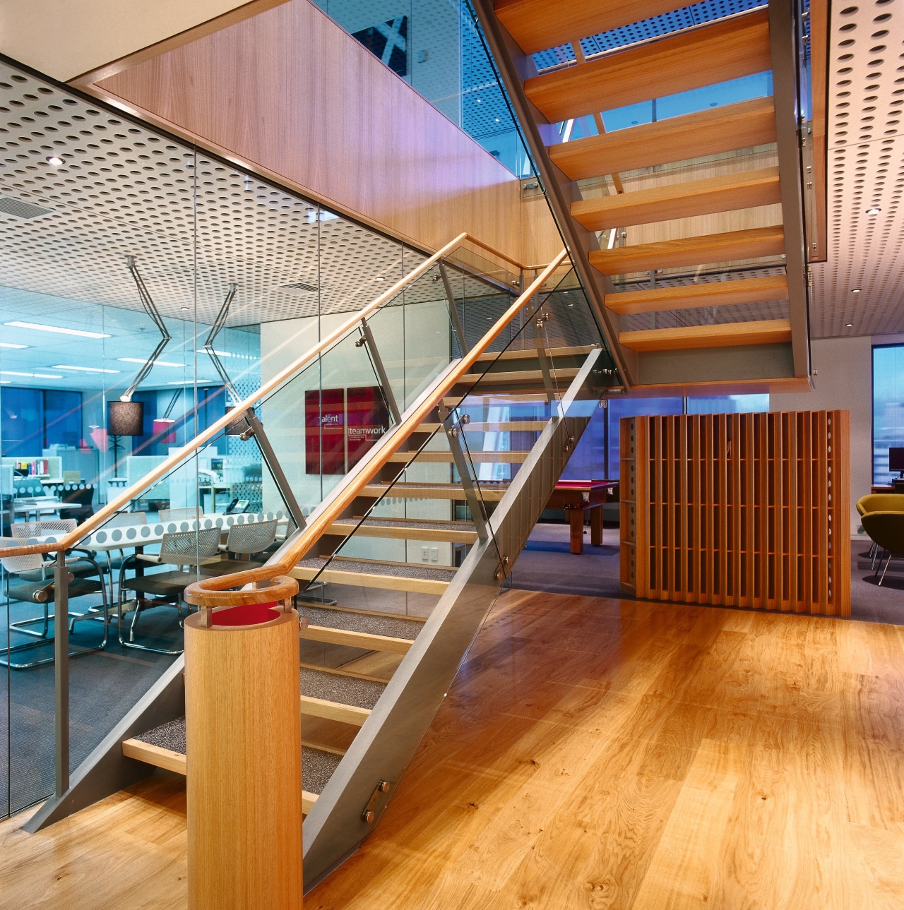 A view of the various interiors used within architecture, daylighting, floor, flooring, handrail, hardwood, interior design, loft, real estate, stairs, structure, wood, brown, orange