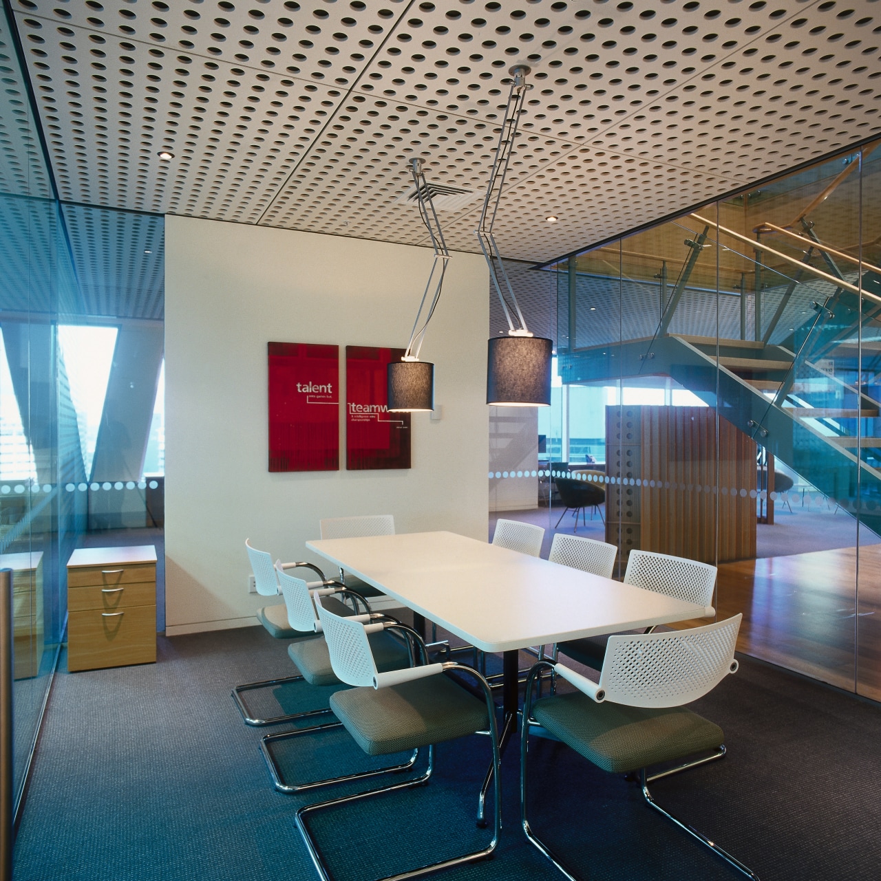 A view of the various interiors used within architecture, ceiling, daylighting, furniture, interior design, office, table, gray