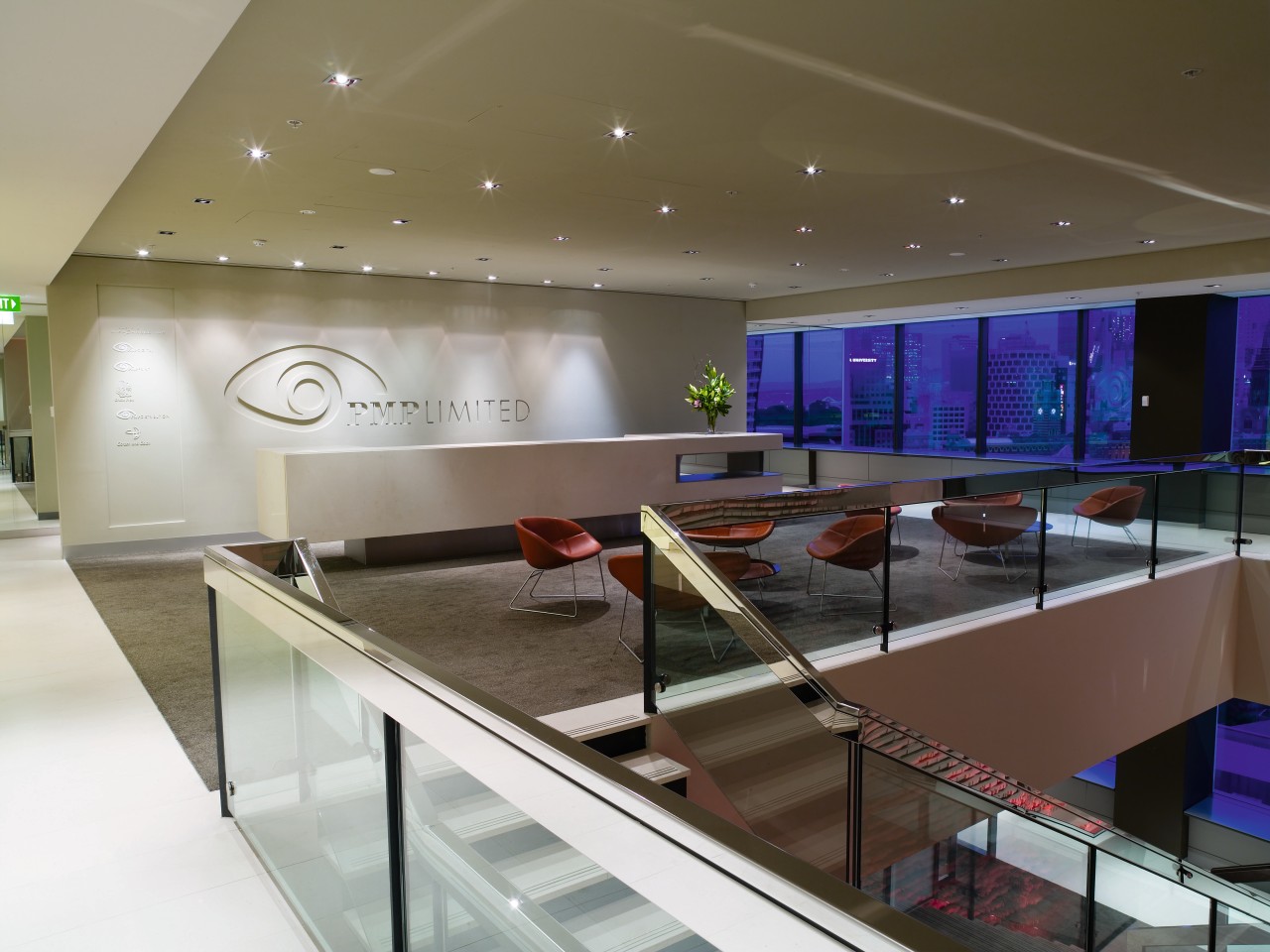 A view of the reception area, red seats ceiling, countertop, glass, interior design, gray, brown