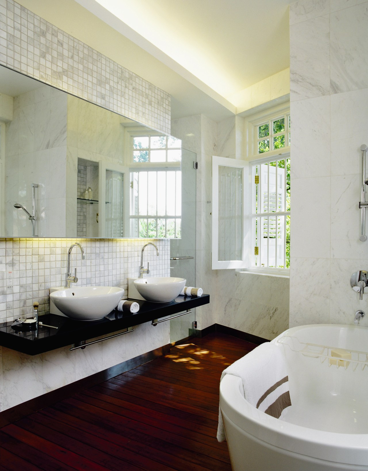 A view of a bathroom, wooden flooring, marble architecture, bathroom, ceiling, estate, floor, home, interior design, property, real estate, room, tile, wall, window, gray