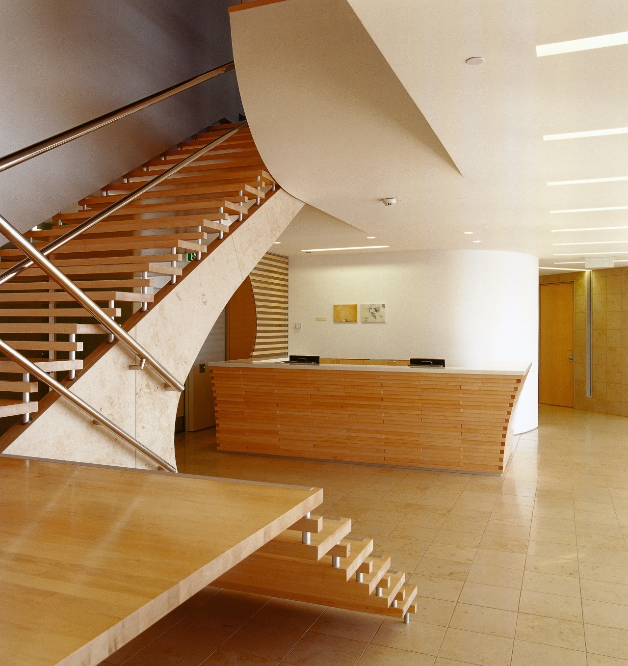 A view o fthe wooden staircase, tiled floor, architecture, ceiling, daylighting, floor, flooring, handrail, hardwood, interior design, laminate flooring, lobby, real estate, stairs, wood, wood flooring, orange, brown