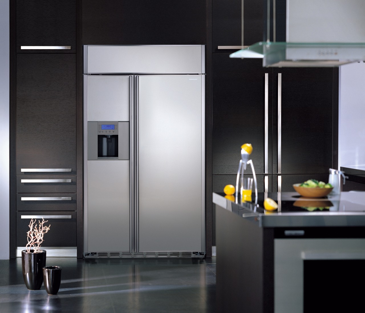 Large stainless steel side by side refrigerator set home appliance, interior design, kitchen, kitchen appliance, major appliance, product design, refrigerator, black, gray