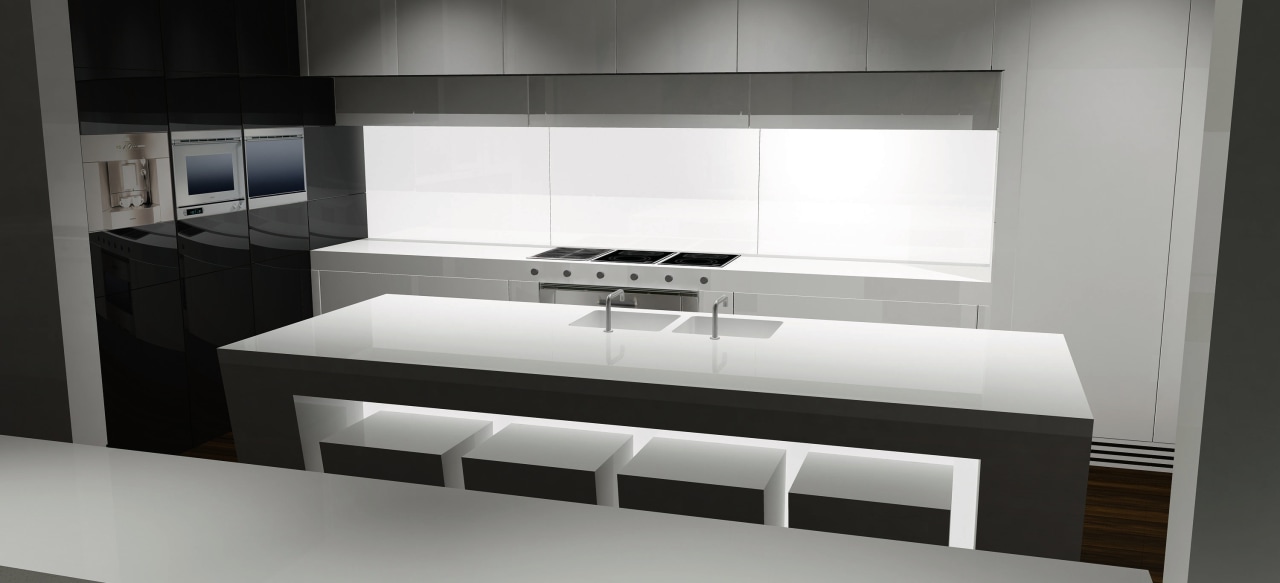 View of kitchen in minimalist concept house. countertop, furniture, interior design, kitchen, product, product design, room, sink, gray, black