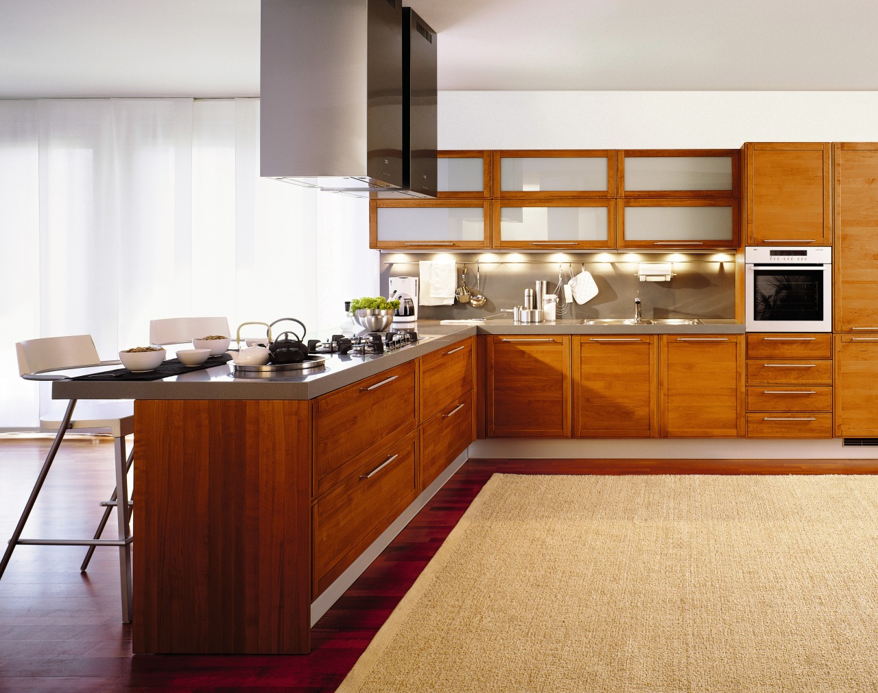 Kitchen with timber cabinetry, frosted overhead panels and cabinetry, countertop, cuisine classique, floor, flooring, furniture, hardwood, interior design, kitchen, room, wood, wood flooring, white