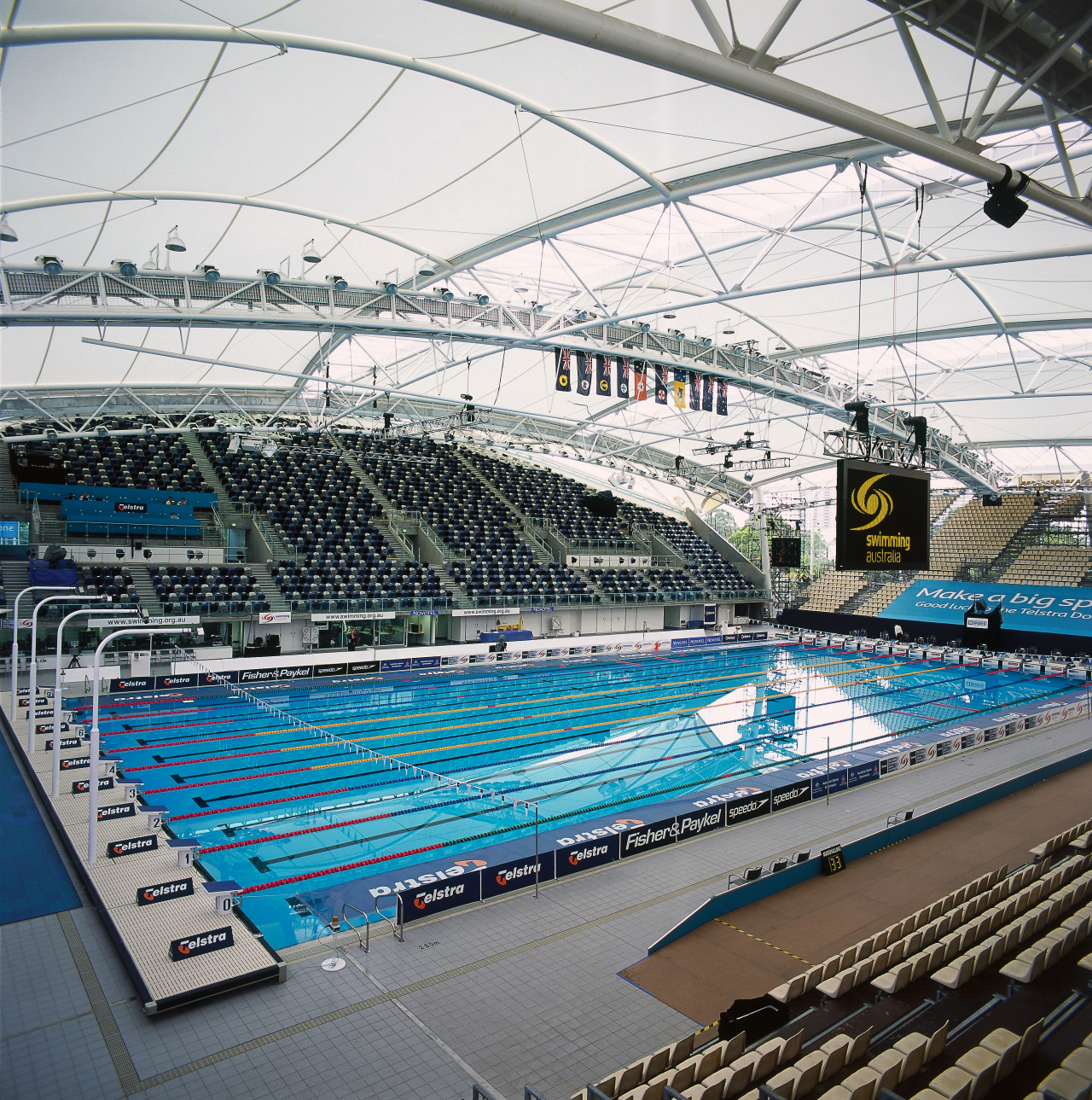 View of MSAC competition pool with curved PVC arena, leisure, leisure centre, recreation, sport venue, sports, stadium, structure, swimming pool, water, white