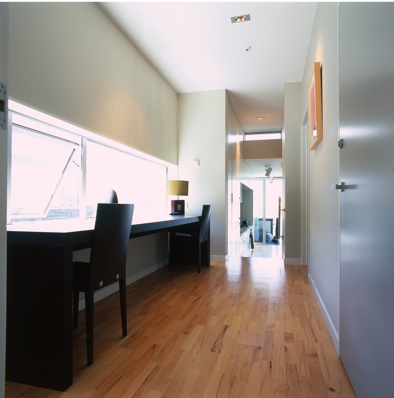 Long desk along wall under windows, with timber architecture, ceiling, daylighting, floor, flooring, hardwood, house, interior design, laminate flooring, loft, property, real estate, room, wood, wood flooring, gray, white