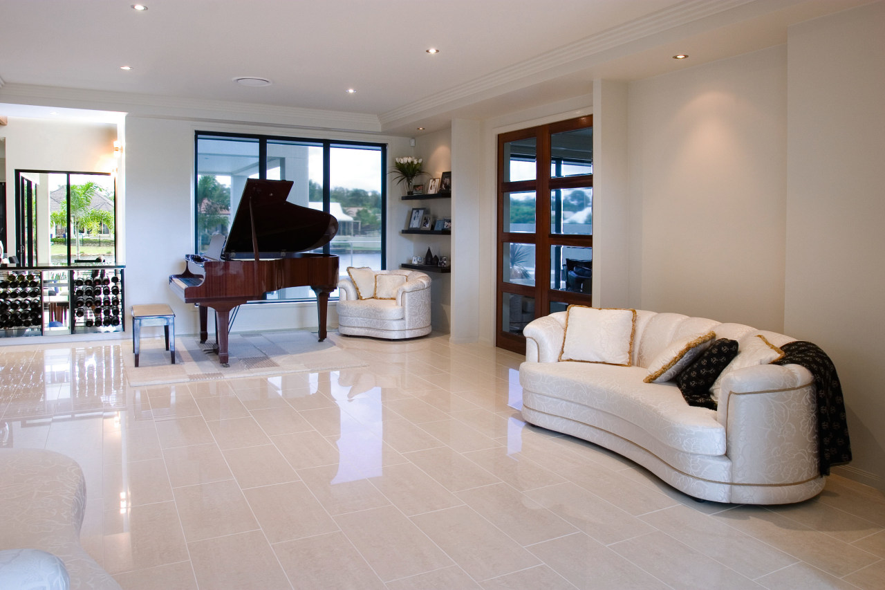Open plan home with cream walls, polished floor estate, floor, flooring, hardwood, home, interior design, living room, property, real estate, room, window, wood flooring, gray
