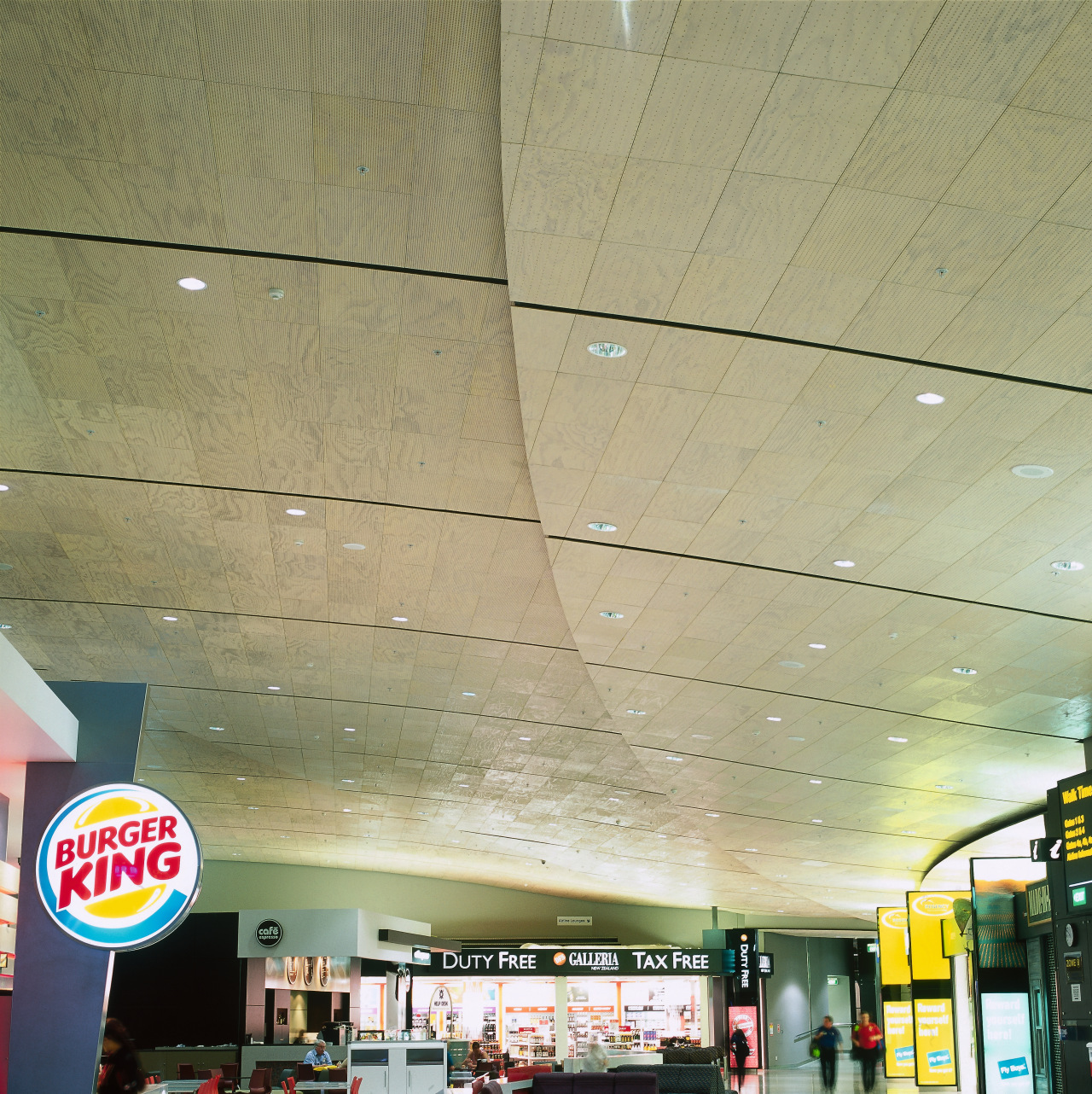 View of stepped suspended ceiling. ceiling, daylighting, interior design, yellow