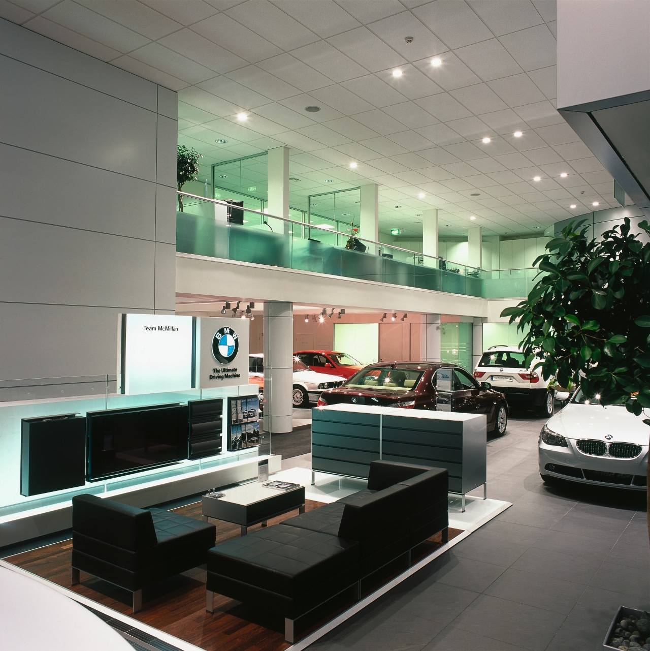 View of BMW showroom and waiting area. ceiling, glass, interior design, gray, black