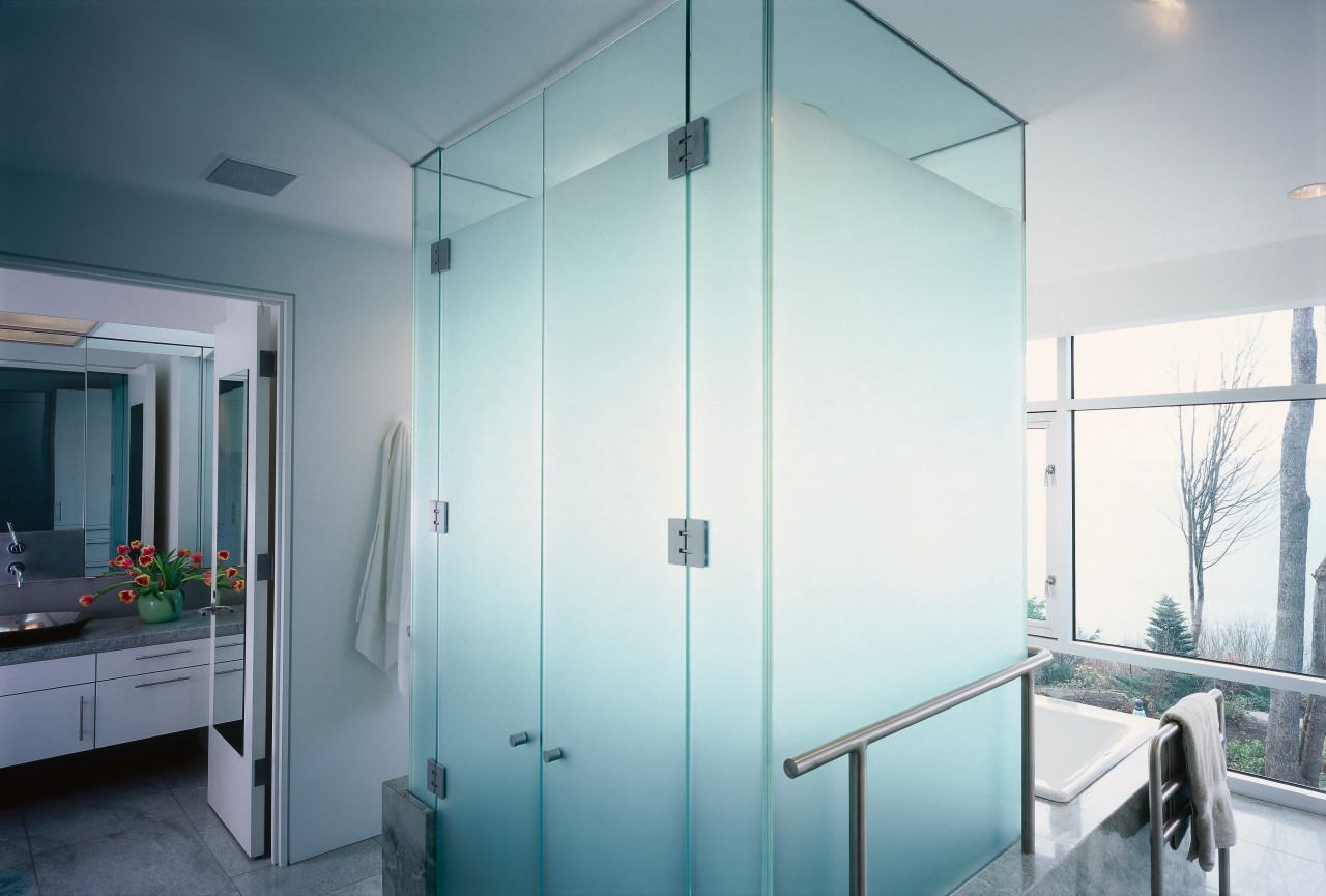 view of this bathroom featuring a large shower bathroom, door, glass, interior design, room, wall, white