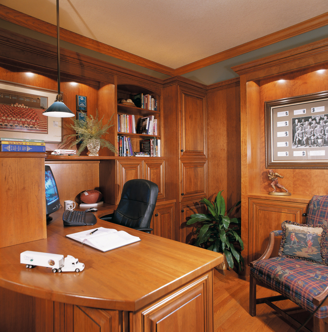 Room with timber desk, shelving, cabinetry and wall cabinetry, ceiling, furniture, interior design, room, brown
