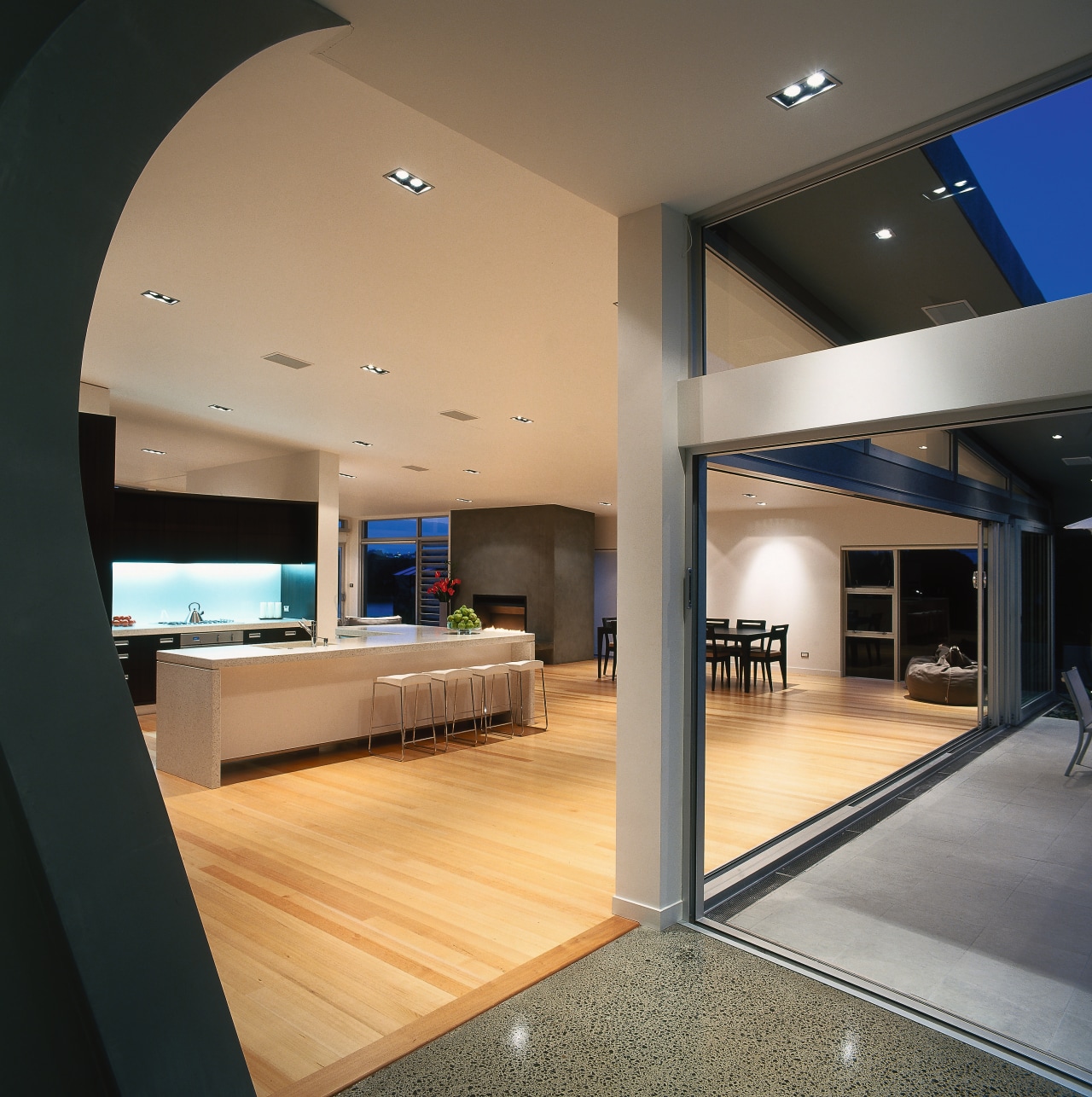 A view of the kitchen and dining area, architecture, ceiling, floor, flooring, house, interior design, black