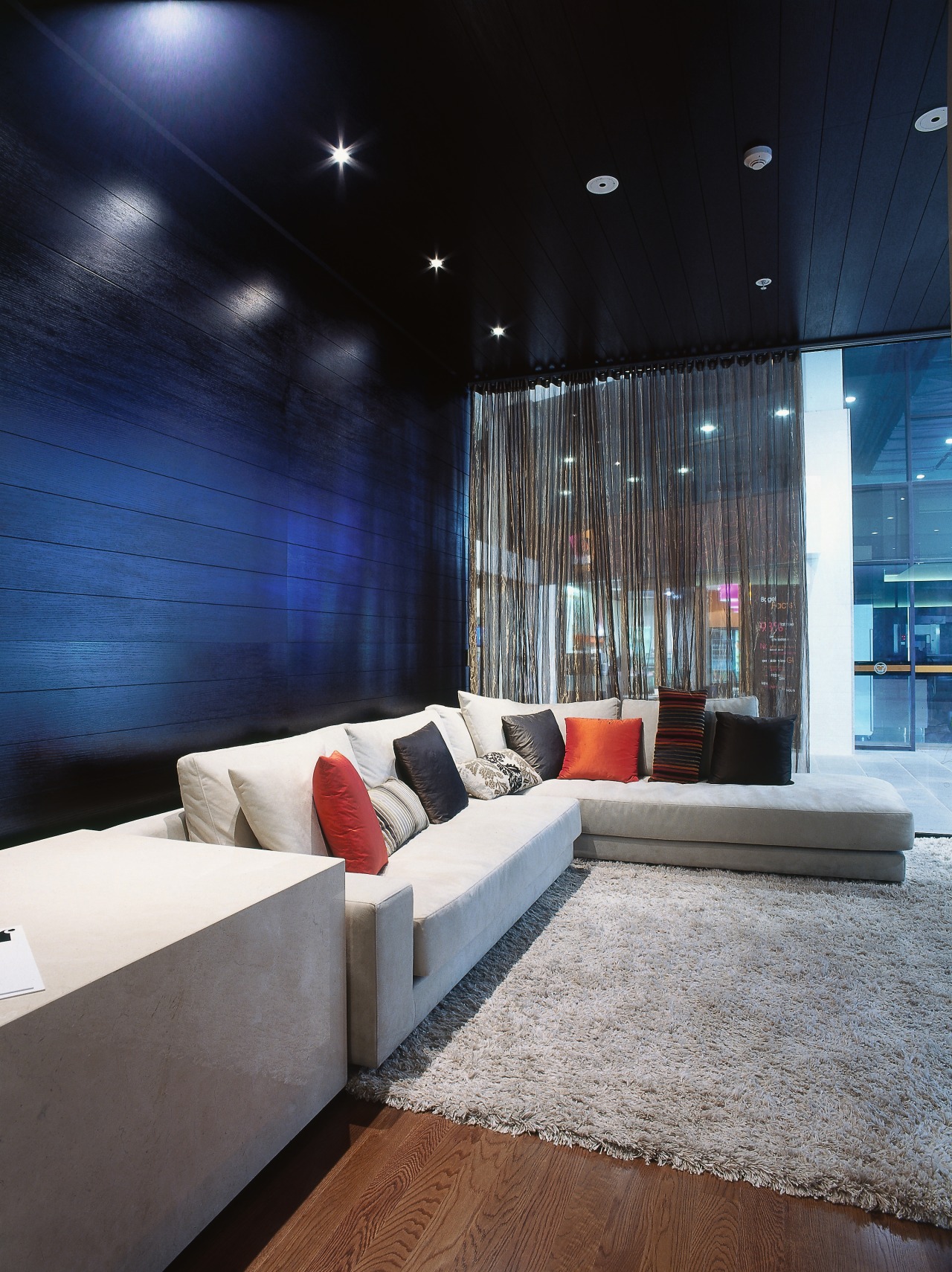 view of the richly furnished guest reception area, architecture, ceiling, interior design, living room, lobby, room, wall, blue, black