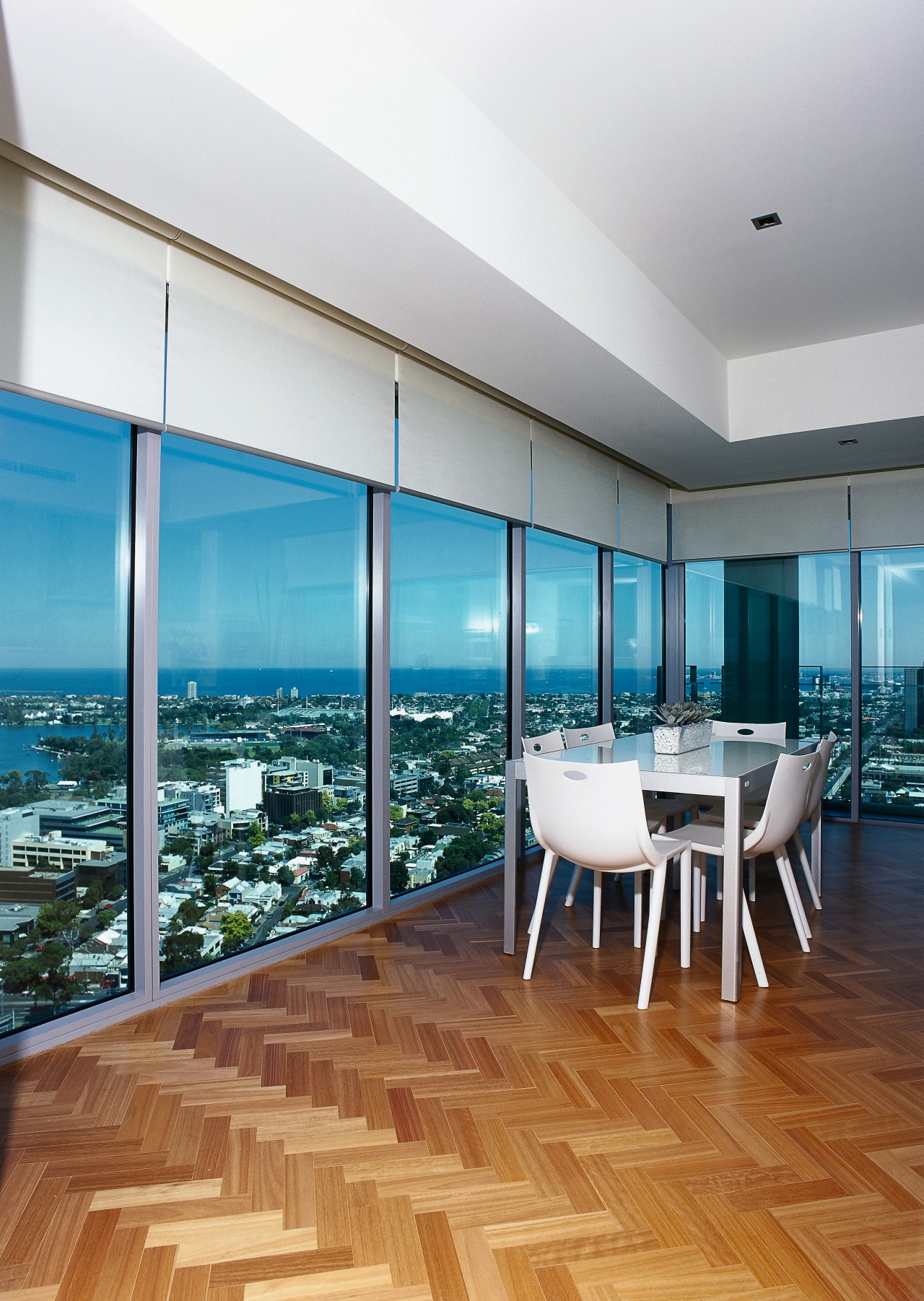 A view of window screens by Helioscreen. apartment, architecture, ceiling, condominium, daylighting, floor, flooring, hardwood, house, interior design, penthouse apartment, real estate, wall, window, wood, wood flooring, white