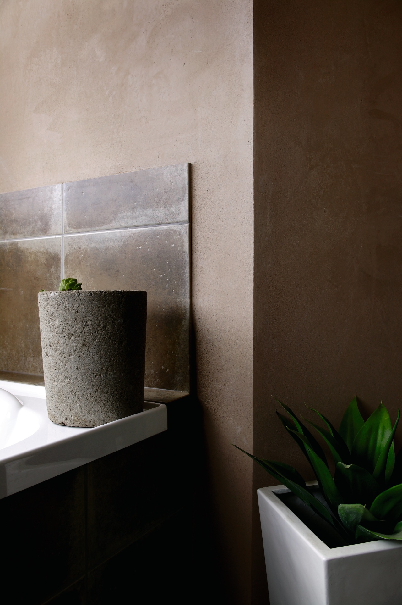 Room with natural coloured plaster walls. bathroom, ceramic, floor, interior design, product design, tap, tile, wall, gray, black, brown