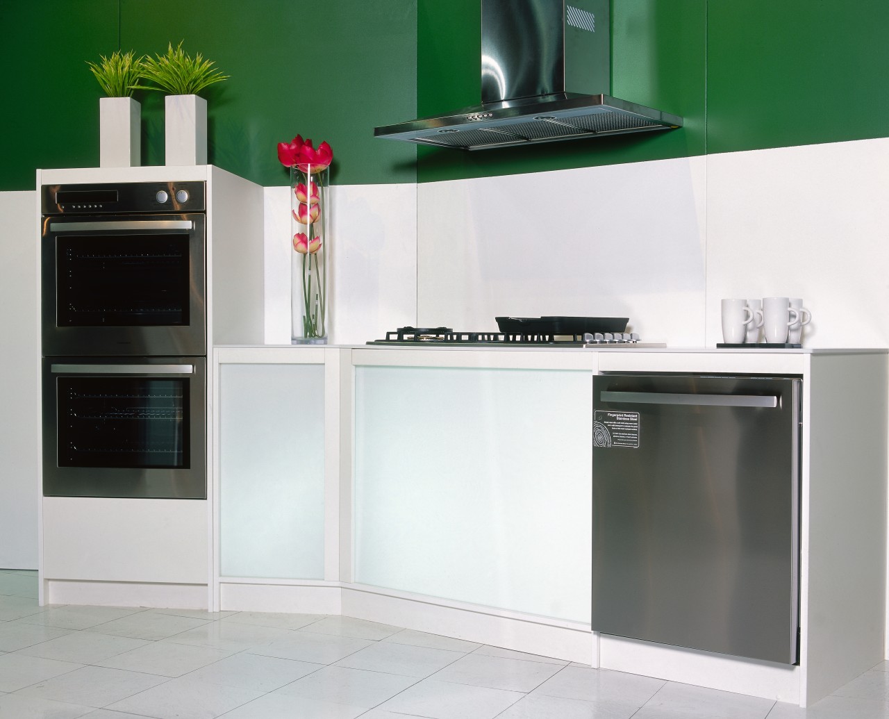 White kitchen cabinetry with stainless steel wall ovens, countertop, furniture, home appliance, kitchen, kitchen stove, major appliance, product, product design, shelving, white