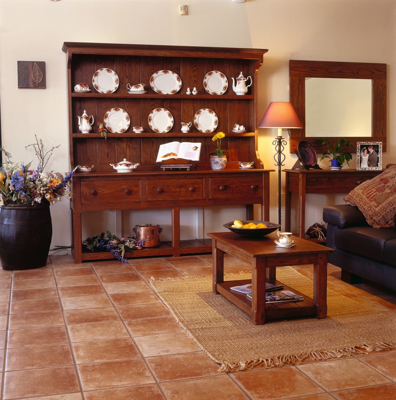 Lounge room with large oak Welsh dresser, and floor, flooring, furniture, hardwood, interior design, living room, room, shelving, table, wood flooring, brown