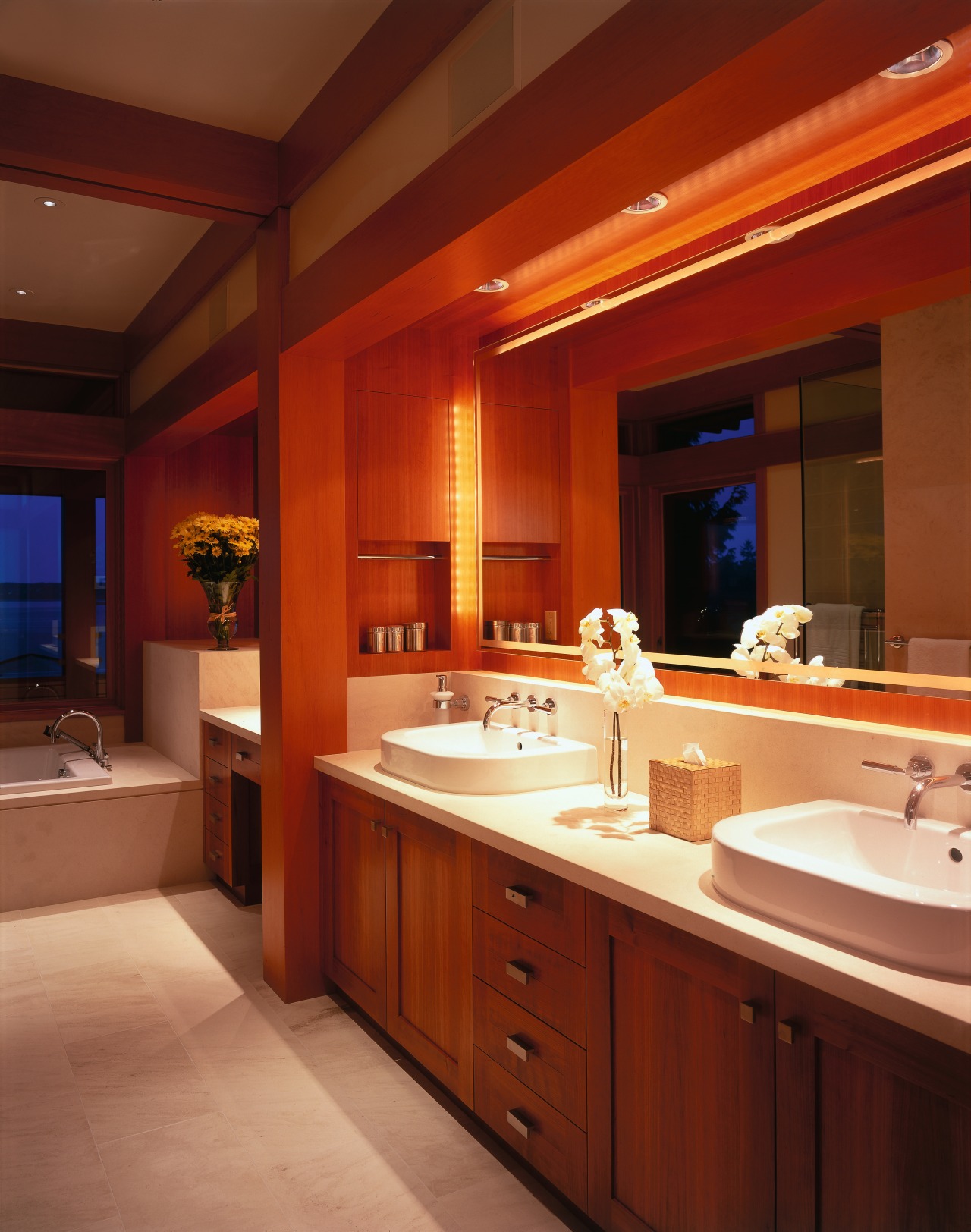 view of this bathroomvanity featuring cherry wood cabintery, bathroom, cabinetry, ceiling, countertop, interior design, kitchen, lighting, room, red