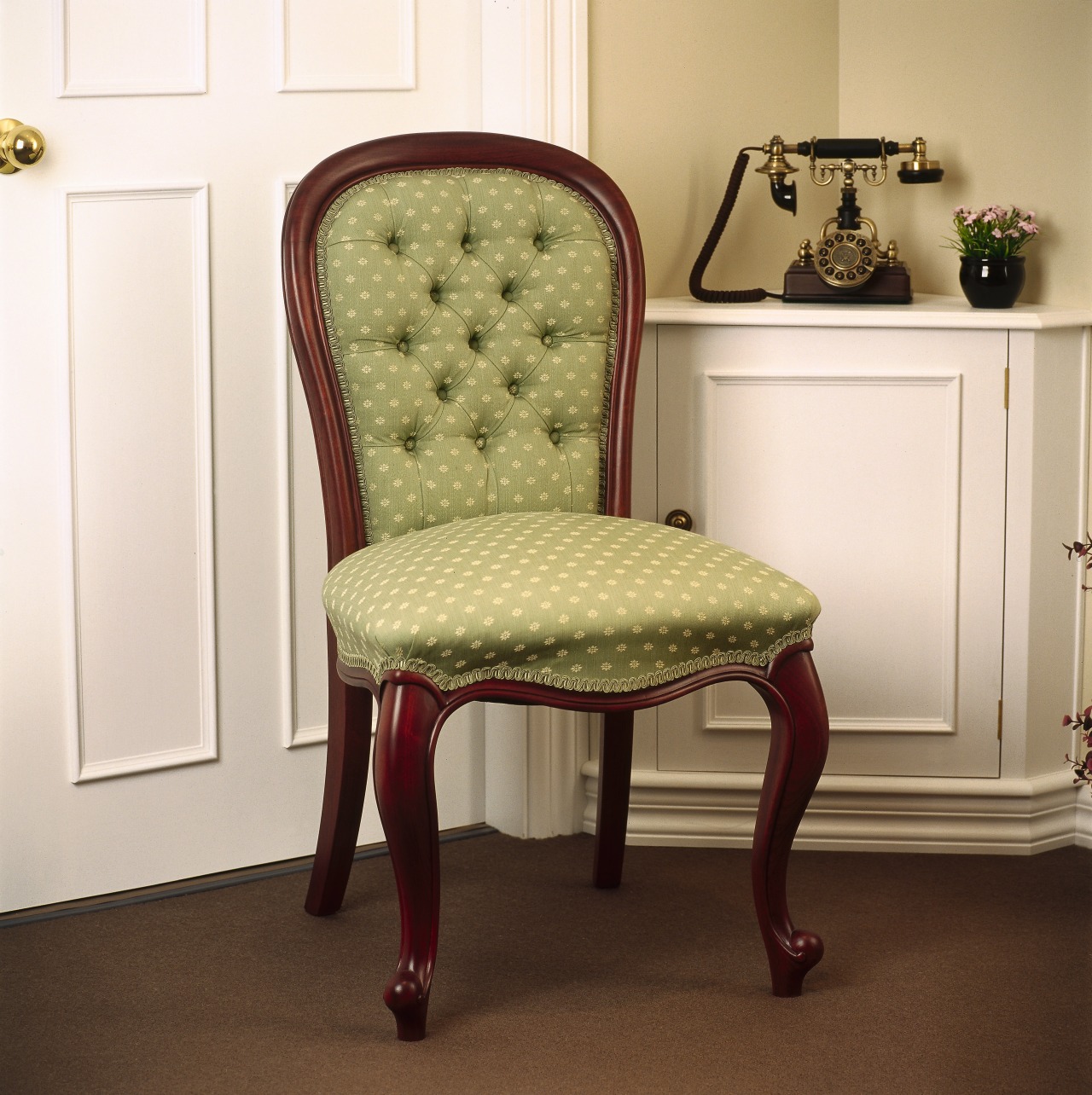 Victorian button-back green upholstered dining chair with curved chair, club chair, end table, floor, furniture, hardwood, product design, recliner, table, brown, white