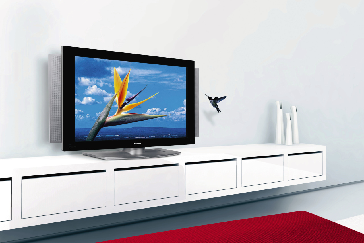 View of plasma tv on white shelving. display device, flat panel display, furniture, multimedia, product, product design, shelf, shelving, white