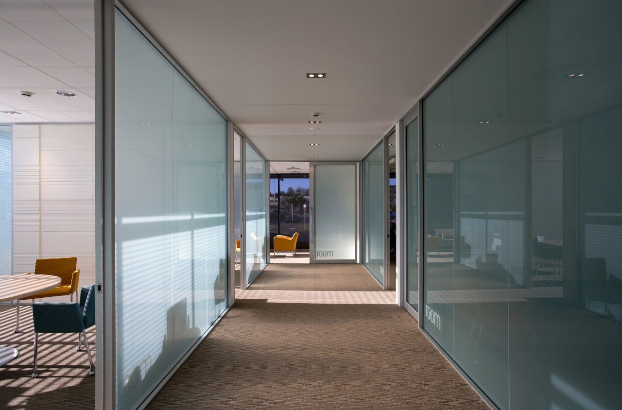 A view of the offices, brown carpet, glass architecture, glass, house, interior design, window, gray, black