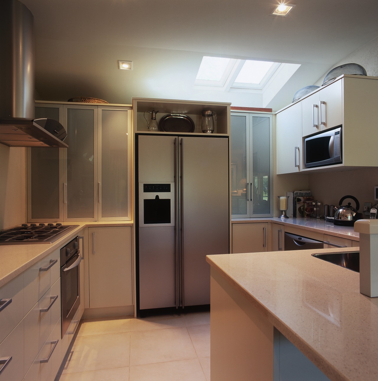 A view of the kitchen area, tiled floor, cabinetry, countertop, cuisine classique, interior design, kitchen, real estate, room, brown